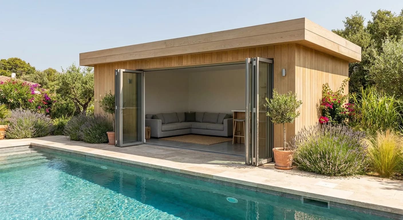 Pool house avec local fermé, grande baie à galandage et terrasse couverte ouverte sur le jardin