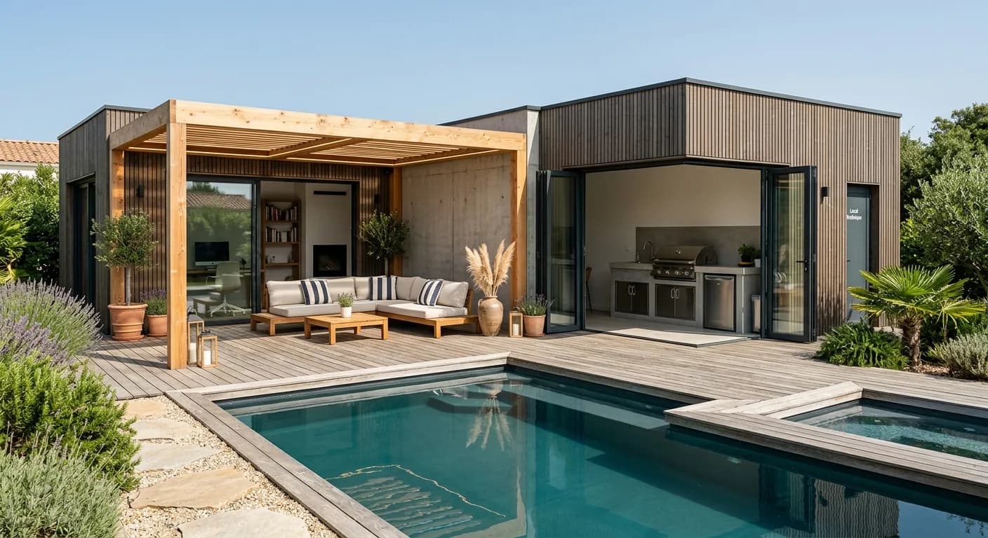 Annexe de jardin dont le toit déborde sur une terrasse couverte, cas où l’emprise au sol dépasse la surface de plancher