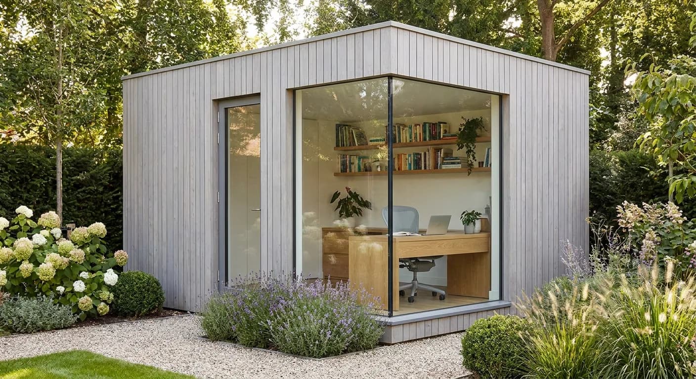 Bureau de jardin de 15 m² en ossature bois, large baie vitrée, poste de travail et coin atelier visibles depuis le jardin
