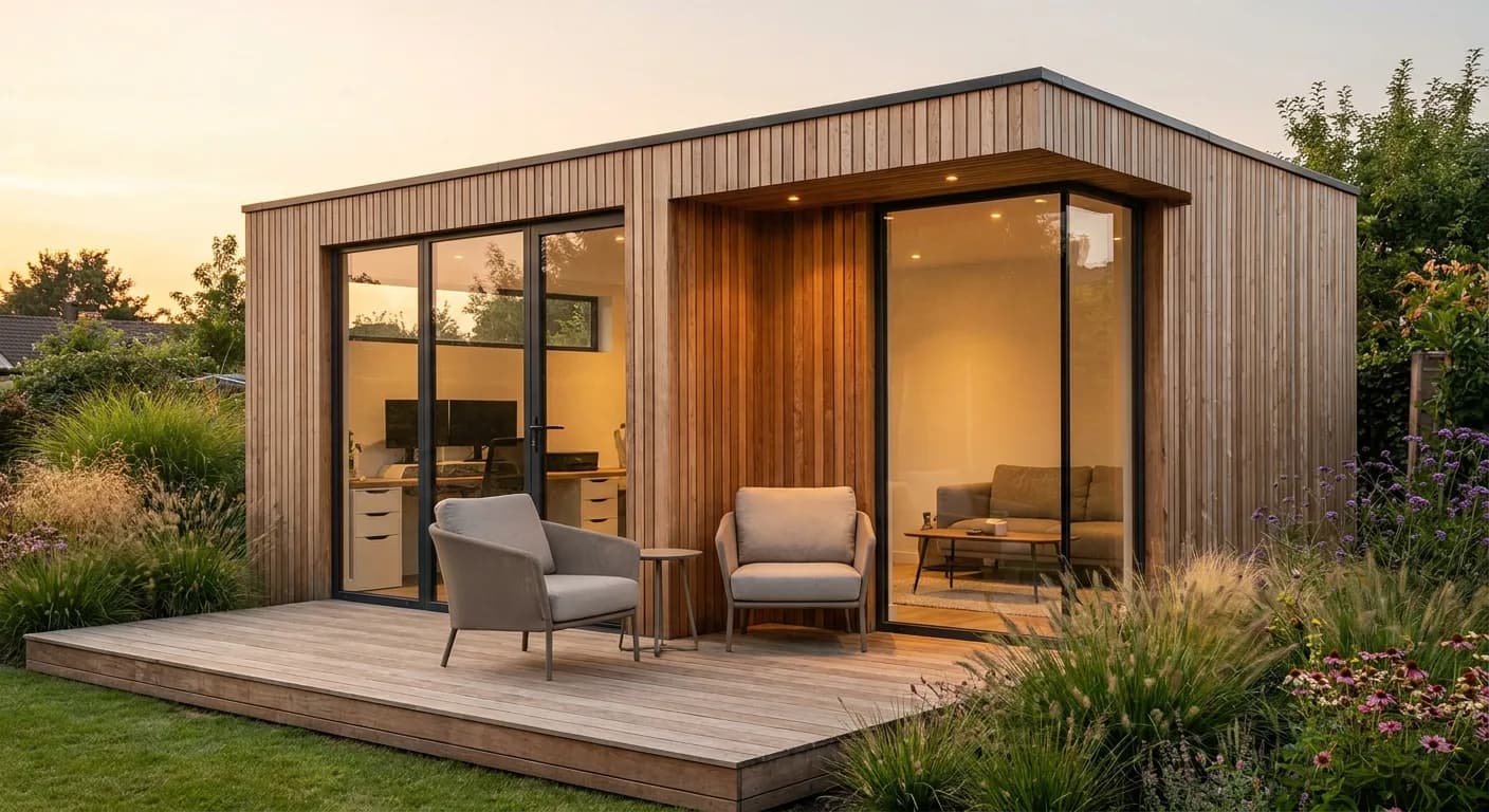 Studio de jardin habitable de 20 m² avec terrasse en bois, baie vitrée d’angle et coin salon éclairé