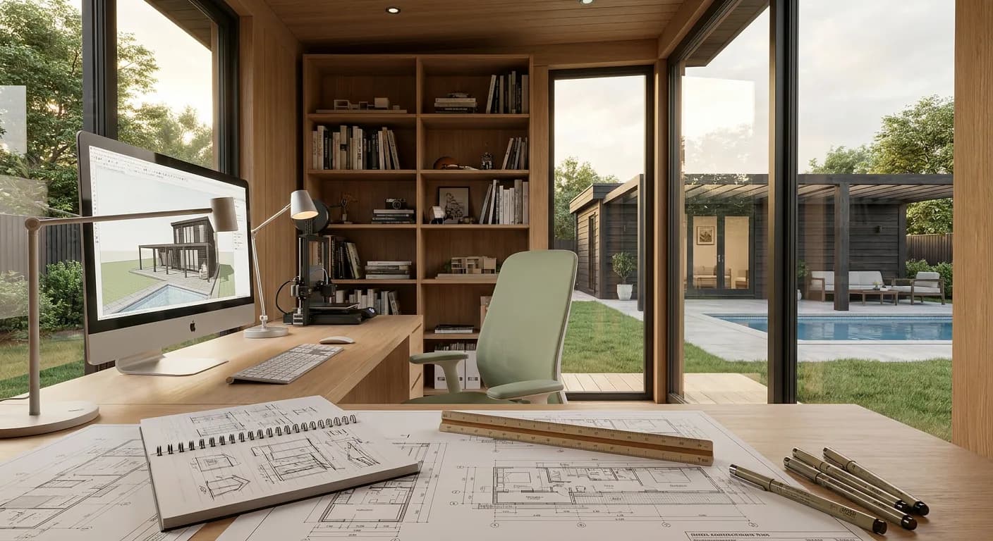 Studio de jardin en ossature bois achevé, vu depuis le jardin, portes vitrées ouvertes